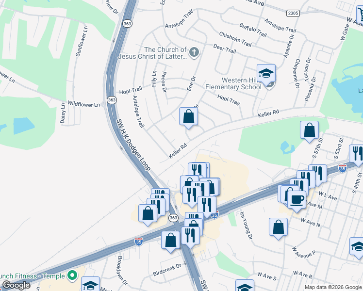 map of restaurants, bars, coffee shops, grocery stores, and more near 3805 Keller Road in Temple
