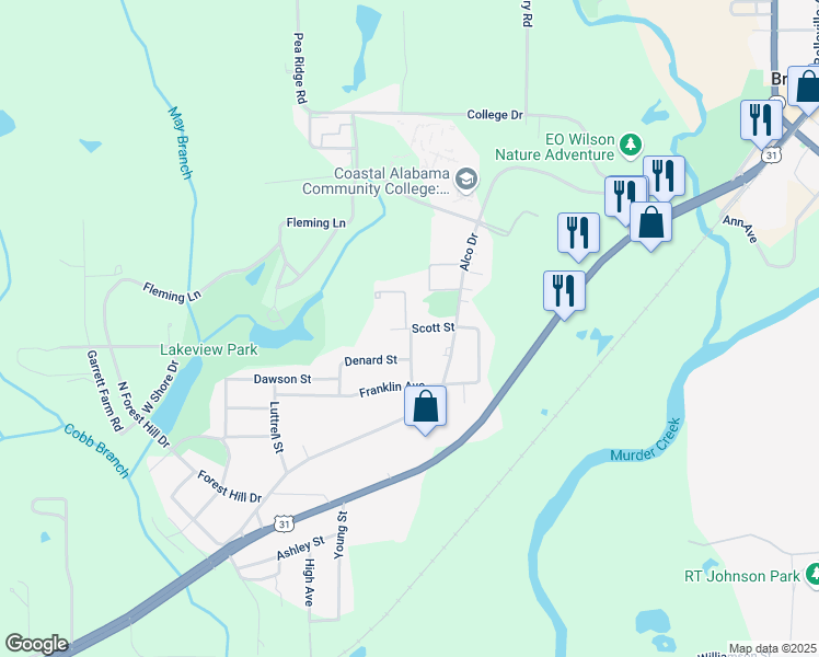 map of restaurants, bars, coffee shops, grocery stores, and more near 312 Scott Street in Brewton