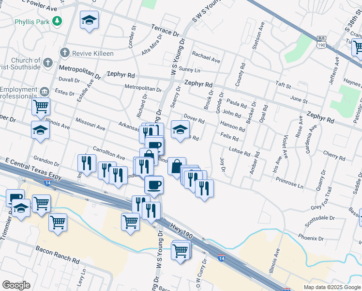 map of restaurants, bars, coffee shops, grocery stores, and more near 1700 South W S Young Drive in Killeen