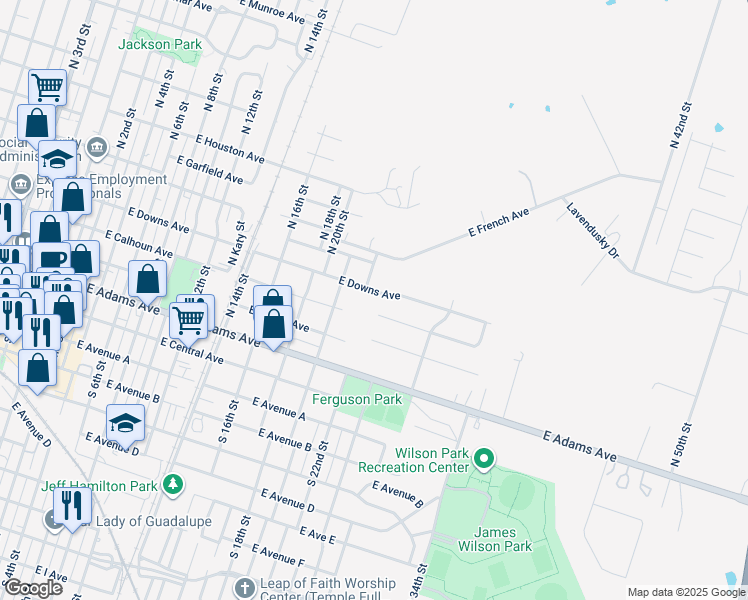 map of restaurants, bars, coffee shops, grocery stores, and more near 1205 East Downs Avenue in Temple