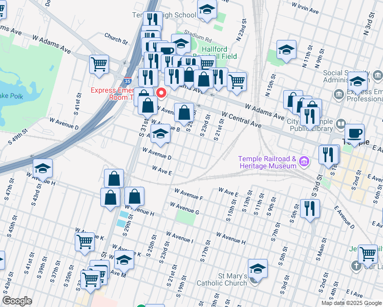 map of restaurants, bars, coffee shops, grocery stores, and more near 310 South 23rd Street in Temple