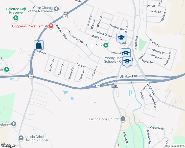 map of restaurants, bars, coffee shops, grocery stores, and more near 1111 Dixon Circle in Copperas Cove