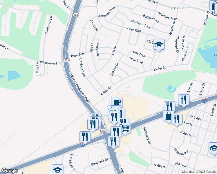map of restaurants, bars, coffee shops, grocery stores, and more near 3805 Keller Road in Temple