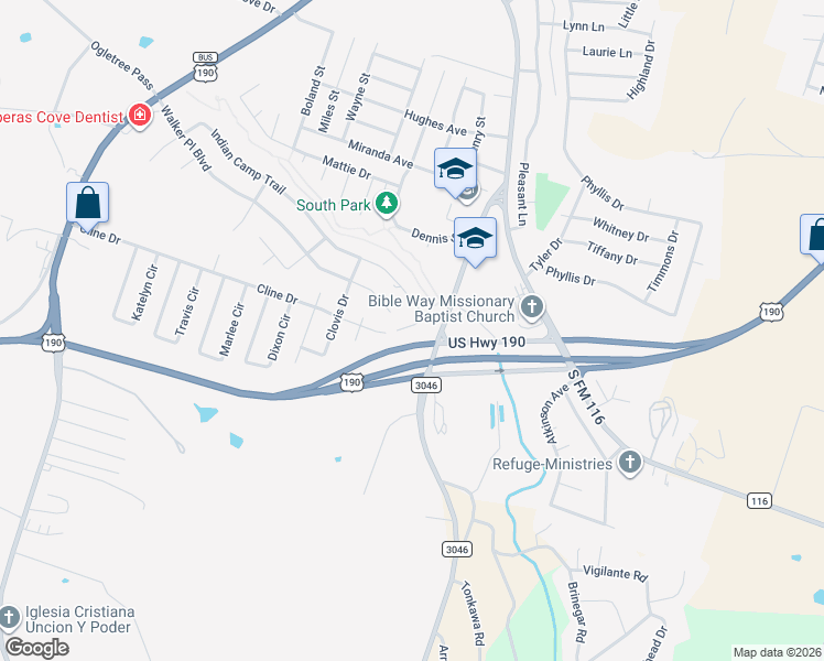 map of restaurants, bars, coffee shops, grocery stores, and more near 2138-2598 Farm to Market 3046 in Copperas Cove