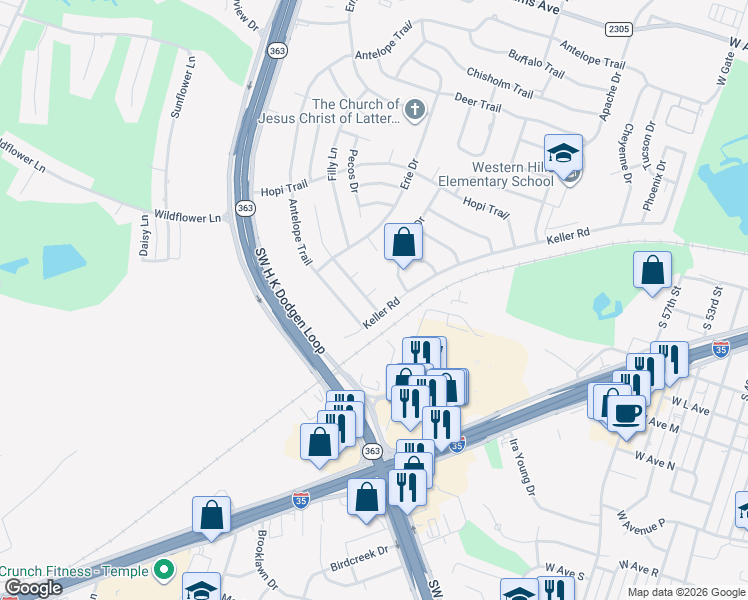 map of restaurants, bars, coffee shops, grocery stores, and more near 4402 Southwest H K Dodgen Loop in Temple