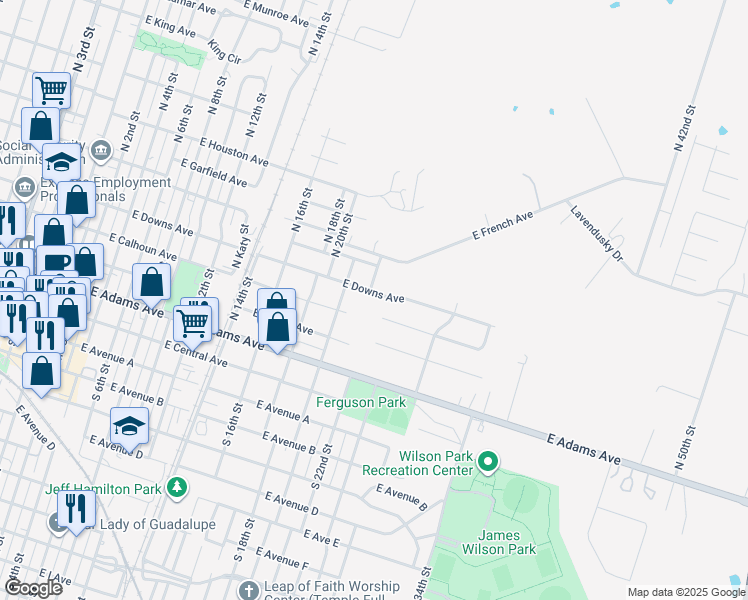 map of restaurants, bars, coffee shops, grocery stores, and more near 1205 East Downs Avenue in Temple