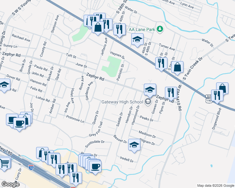 map of restaurants, bars, coffee shops, grocery stores, and more near 1306 Fox Creek Drive in Killeen