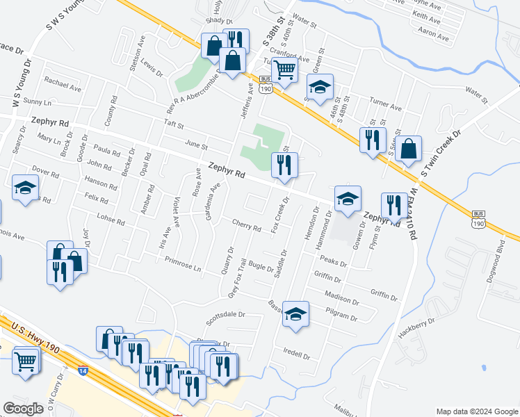 map of restaurants, bars, coffee shops, grocery stores, and more near 1400 Dugger Circle in Killeen