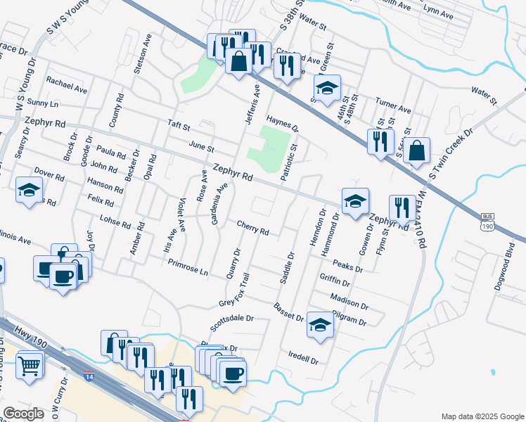 map of restaurants, bars, coffee shops, grocery stores, and more near 1400 Dugger Circle in Killeen