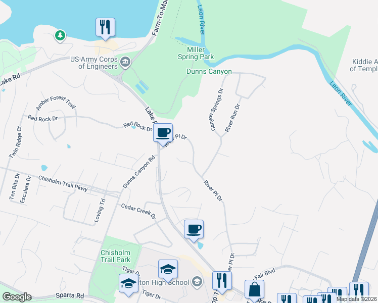 map of restaurants, bars, coffee shops, grocery stores, and more near 3207 River Place Drive in Belton