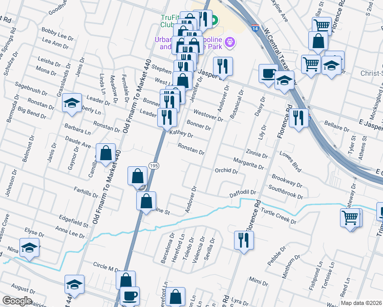 map of restaurants, bars, coffee shops, grocery stores, and more near 403 Orchid Drive in Killeen