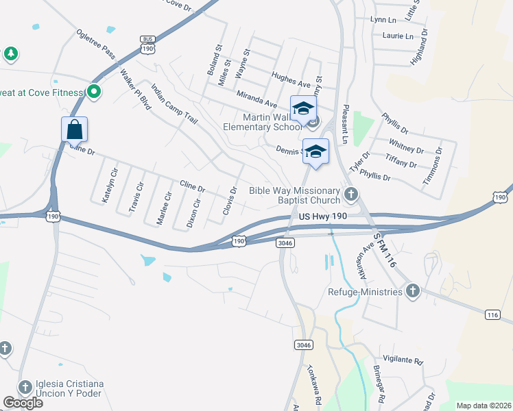 map of restaurants, bars, coffee shops, grocery stores, and more near 2504 Farm to Market Road 3046 in Copperas Cove