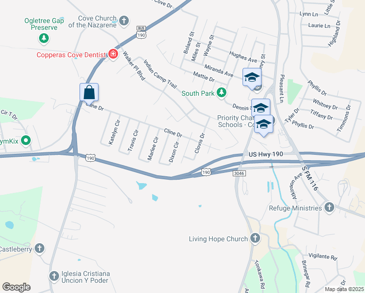 map of restaurants, bars, coffee shops, grocery stores, and more near 1821 Castroville Trail in Copperas Cove