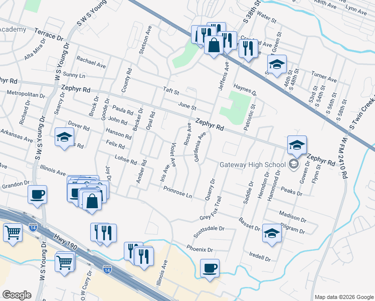 map of restaurants, bars, coffee shops, grocery stores, and more near 1401 Rose Avenue in Killeen