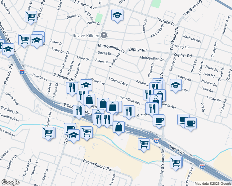 map of restaurants, bars, coffee shops, grocery stores, and more near 1400 Carrollton Avenue in Killeen