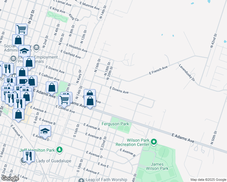 map of restaurants, bars, coffee shops, grocery stores, and more near 1205 East Downs Avenue in Temple