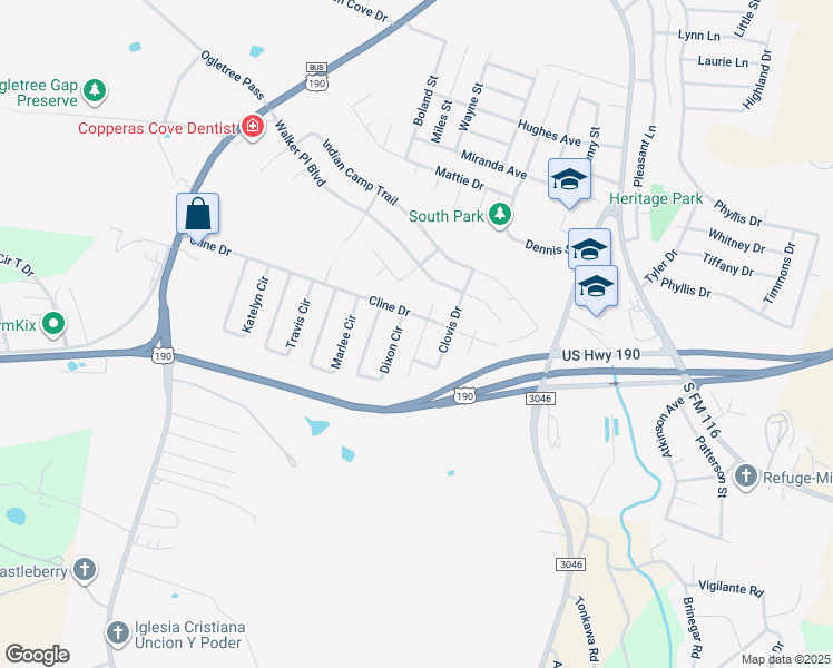 map of restaurants, bars, coffee shops, grocery stores, and more near 1111 Dixon Circle in Copperas Cove