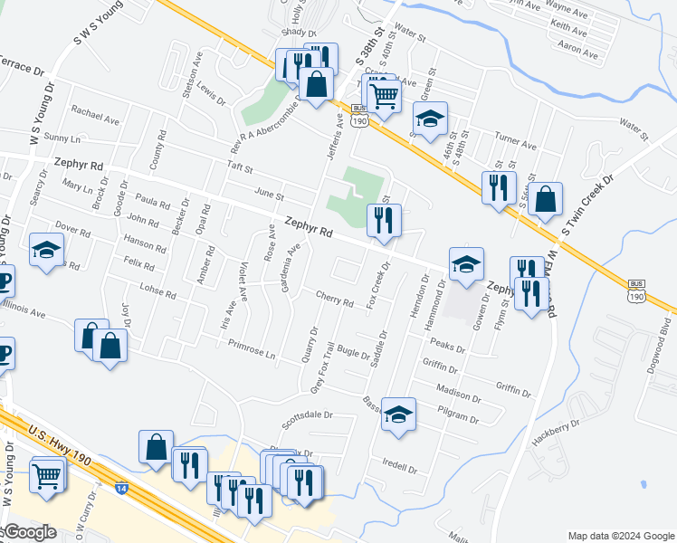 map of restaurants, bars, coffee shops, grocery stores, and more near 1407 Dugger Circle in Killeen