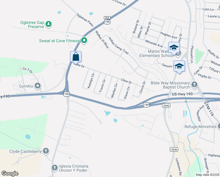 map of restaurants, bars, coffee shops, grocery stores, and more near 1119 Marlee Circle in Copperas Cove