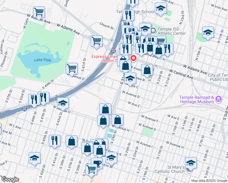 map of restaurants, bars, coffee shops, grocery stores, and more near 504 South 31st Street in Temple