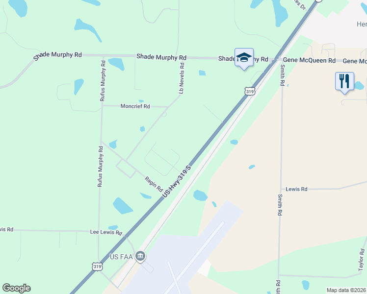 map of restaurants, bars, coffee shops, grocery stores, and more near 984 US Highway 319 South in Moultrie