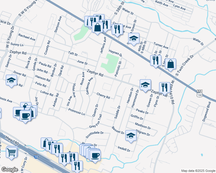 map of restaurants, bars, coffee shops, grocery stores, and more near 1400 Dugger Circle in Killeen