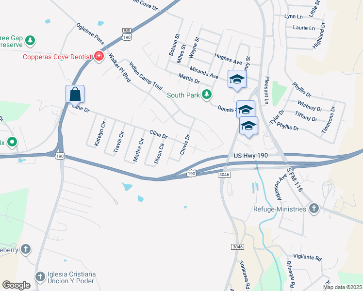 map of restaurants, bars, coffee shops, grocery stores, and more near U.S. 190 in Copperas Cove