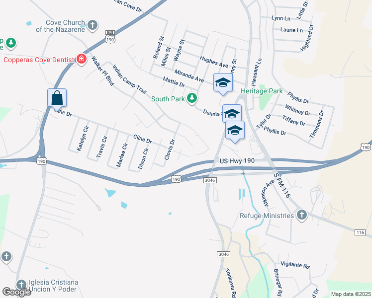 map of restaurants, bars, coffee shops, grocery stores, and more near 1510 Walker Place Boulevard in Copperas Cove