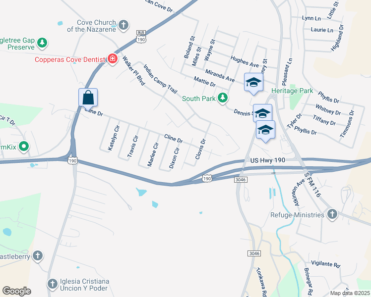 map of restaurants, bars, coffee shops, grocery stores, and more near 1304 Cline Drive in Copperas Cove