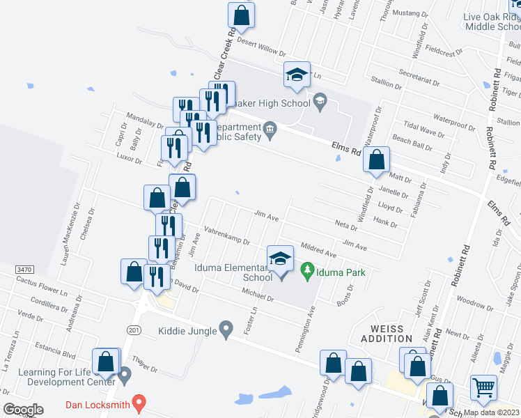 map of restaurants, bars, coffee shops, grocery stores, and more near 5001 Jim Avenue in Killeen