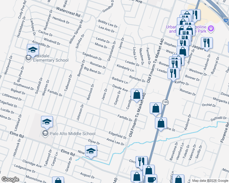 map of restaurants, bars, coffee shops, grocery stores, and more near 1513 Daude Avenue in Killeen
