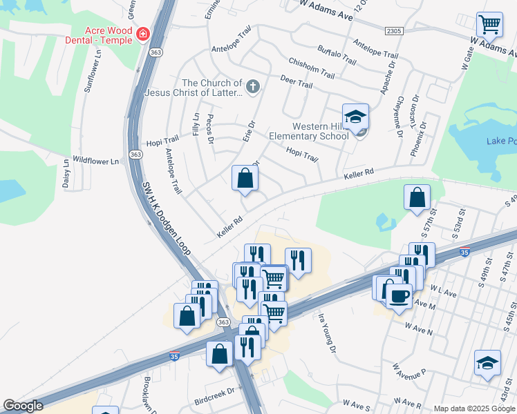 map of restaurants, bars, coffee shops, grocery stores, and more near 1101 Dakota Drive in Temple