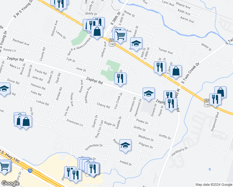 map of restaurants, bars, coffee shops, grocery stores, and more near 1201 Fox Creek Drive in Killeen