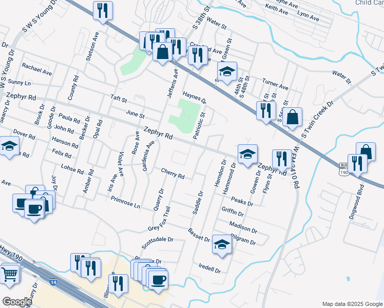 map of restaurants, bars, coffee shops, grocery stores, and more near 1201 Fox Creek Drive in Killeen