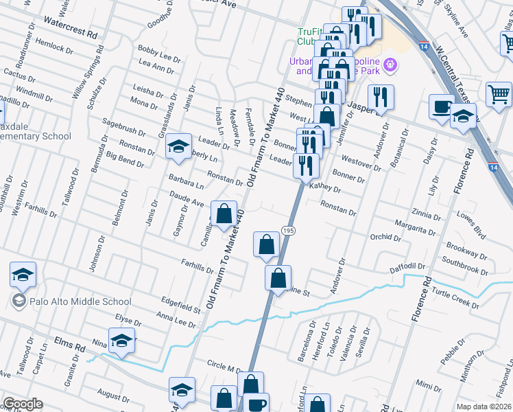 map of restaurants, bars, coffee shops, grocery stores, and more near 1706 Old FM 440 Road in Killeen