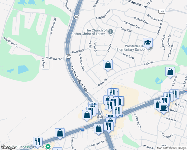 map of restaurants, bars, coffee shops, grocery stores, and more near H Northeast H K Dodgen Loop in Temple