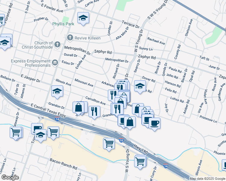 map of restaurants, bars, coffee shops, grocery stores, and more near 1607 Arkansas Avenue in Killeen