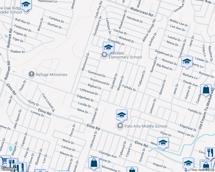 map of restaurants, bars, coffee shops, grocery stores, and more near 2504 Southwood Drive in Killeen