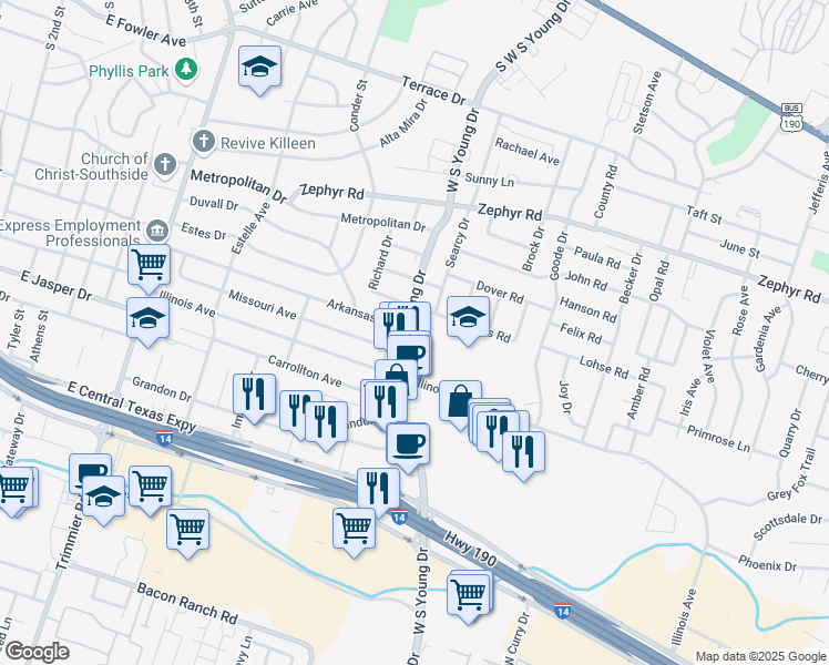 map of restaurants, bars, coffee shops, grocery stores, and more near 1700 South West South Young Drive in Killeen