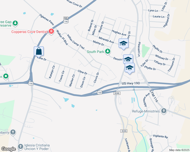 map of restaurants, bars, coffee shops, grocery stores, and more near 1513 Walker Place Boulevard in Copperas Cove