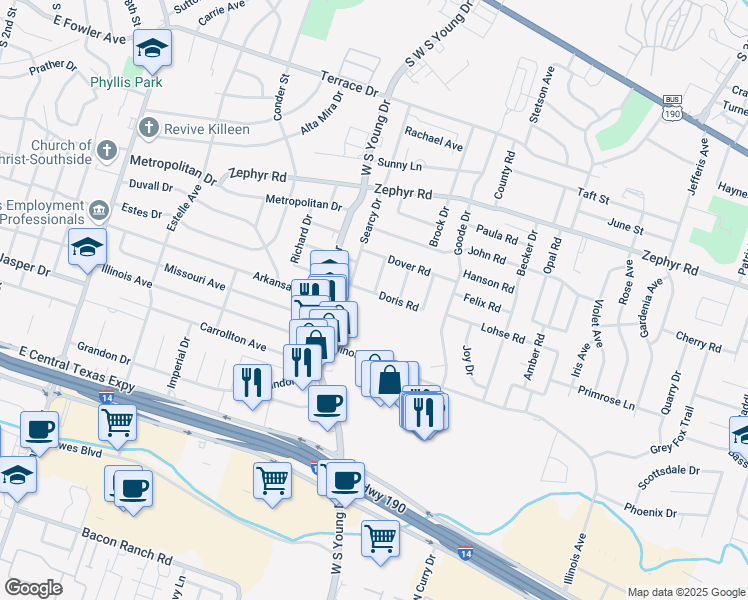 map of restaurants, bars, coffee shops, grocery stores, and more near 1511 Heath Drive in Killeen