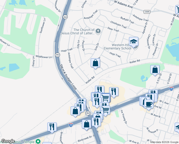 map of restaurants, bars, coffee shops, grocery stores, and more near 3913 Neches Circle in Temple