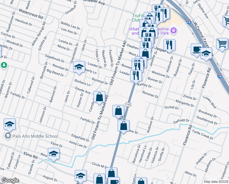 map of restaurants, bars, coffee shops, grocery stores, and more near 1706 Old FM 440 Road in Killeen