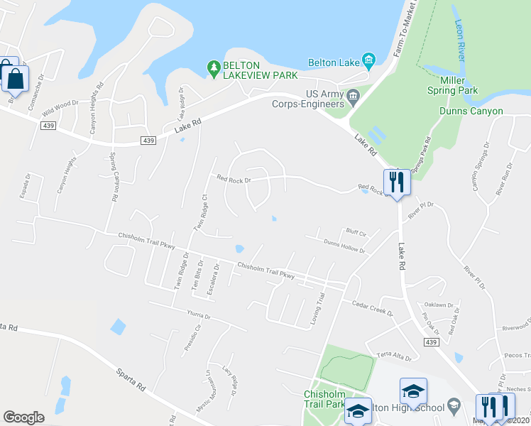 map of restaurants, bars, coffee shops, grocery stores, and more near 2406 Garden Brook Trail in Belton