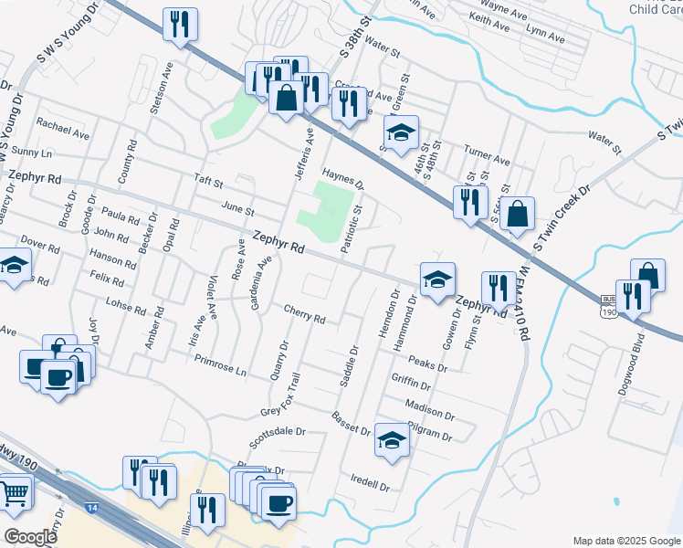 map of restaurants, bars, coffee shops, grocery stores, and more near 1302 Dugger Circle in Killeen