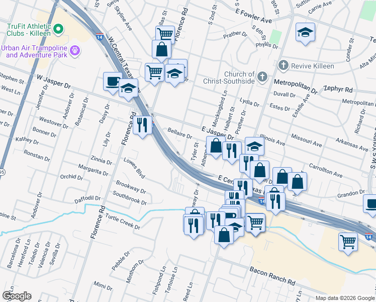 map of restaurants, bars, coffee shops, grocery stores, and more near 2207 Malakoff Street in Killeen