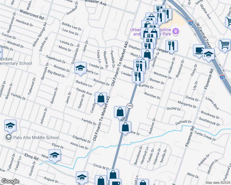 map of restaurants, bars, coffee shops, grocery stores, and more near 1707 Kylie Circle in Killeen