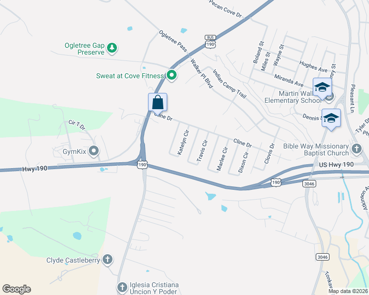 map of restaurants, bars, coffee shops, grocery stores, and more near 1113 Katelyn Circle in Copperas Cove