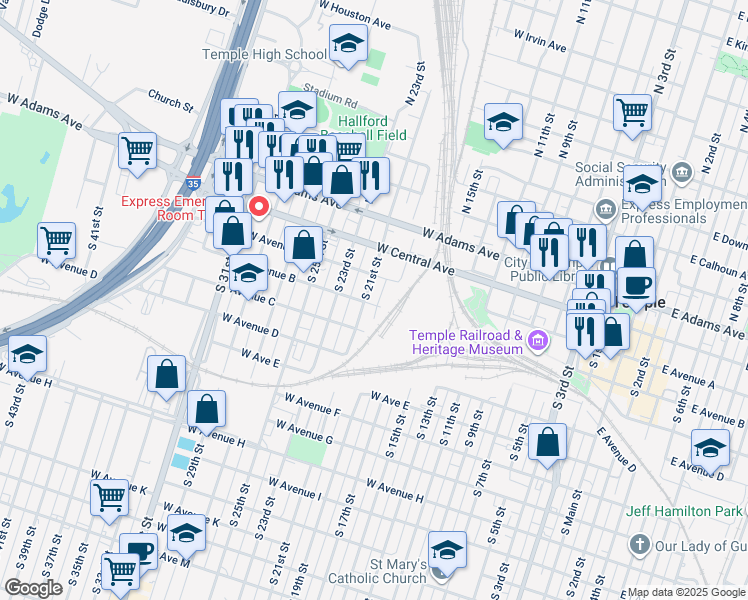 map of restaurants, bars, coffee shops, grocery stores, and more near 1007 West Avenue A in Temple