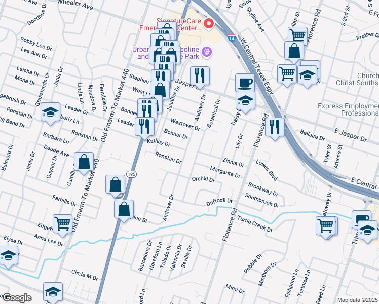 map of restaurants, bars, coffee shops, grocery stores, and more near 2310 Andover Drive in Killeen